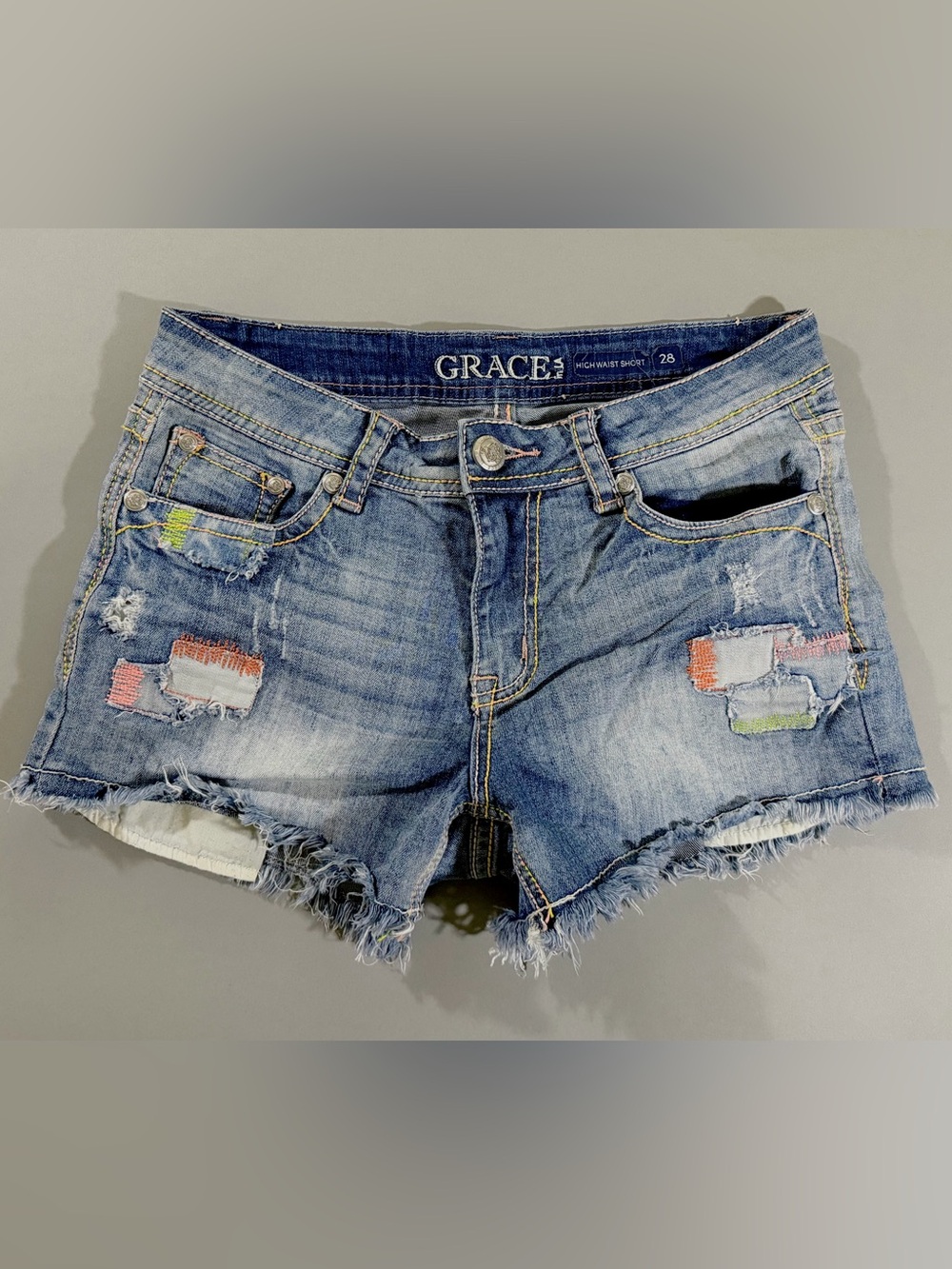 Vintage Y2K Grace in LA Distressed Denim Shorts with Patchwork Accents